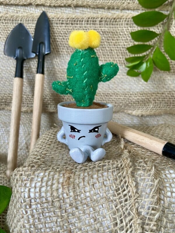 Grumpy Gray Mini Terracotta Pot with Felt Cactus